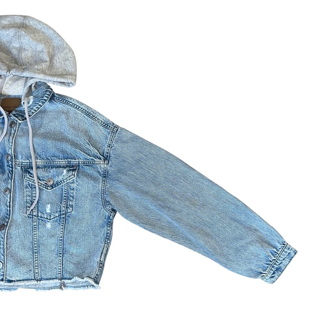 American Eagle Oversized Light Wash Distressed Faux Layered Hood Jacket Medium - Picture 2 of 10